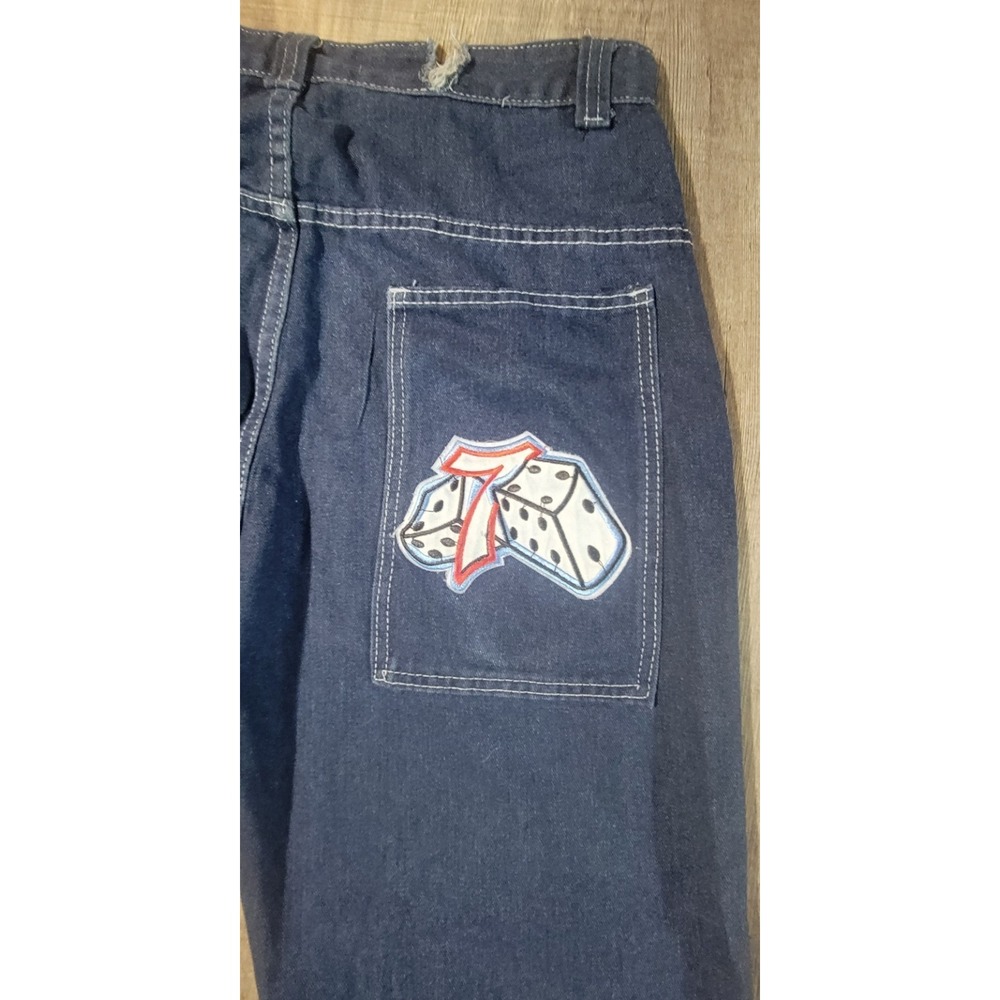 JNCO Lucky 7 Dice Jeans 34x26 Blue Denim Mid Rise Baggy Skater Y2K Rare Stretch - Picture 10 of 16